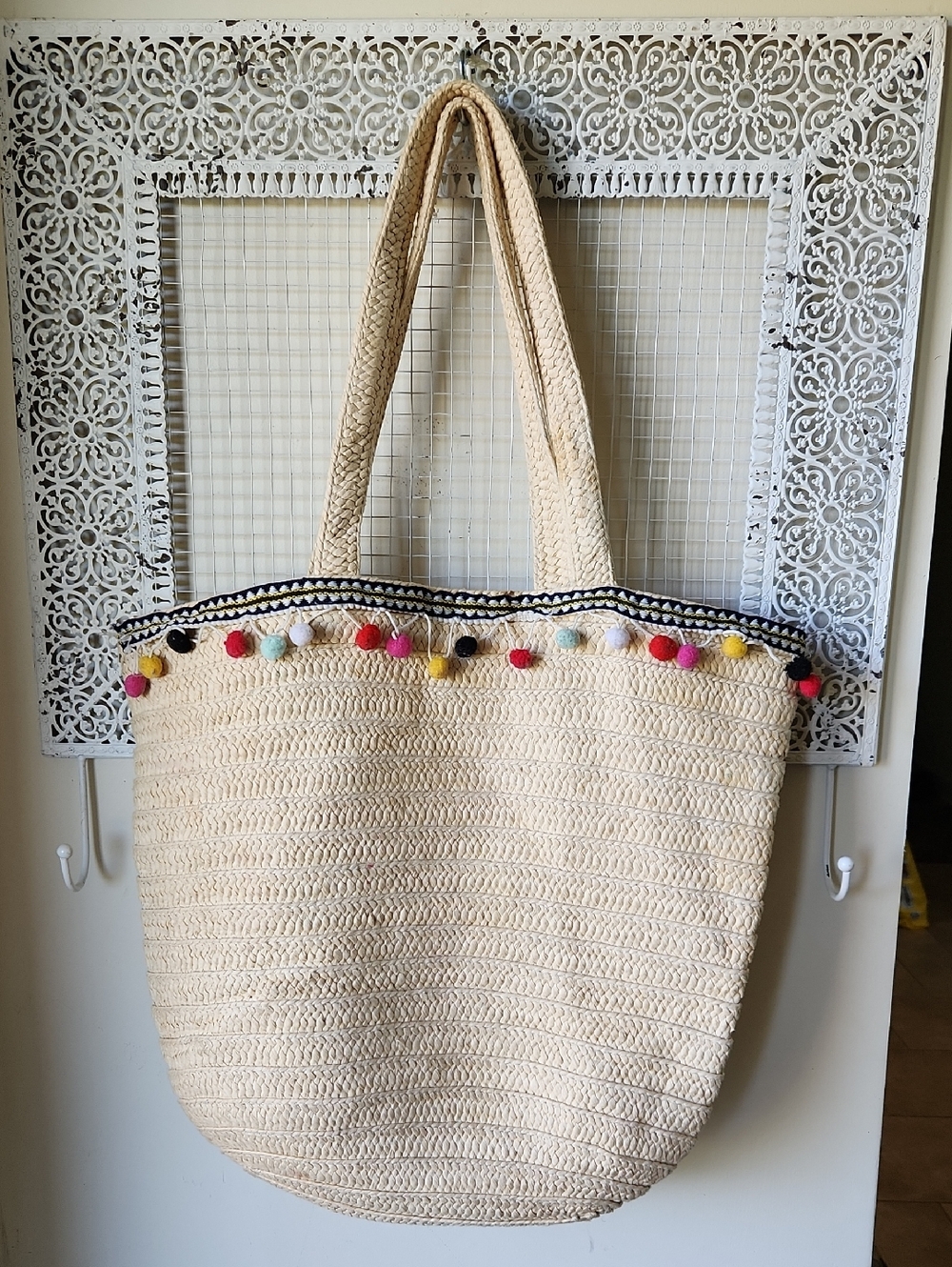 Vintage‎ Straw Woven Market Beach Tote Bag BOHO Ball Fringe
